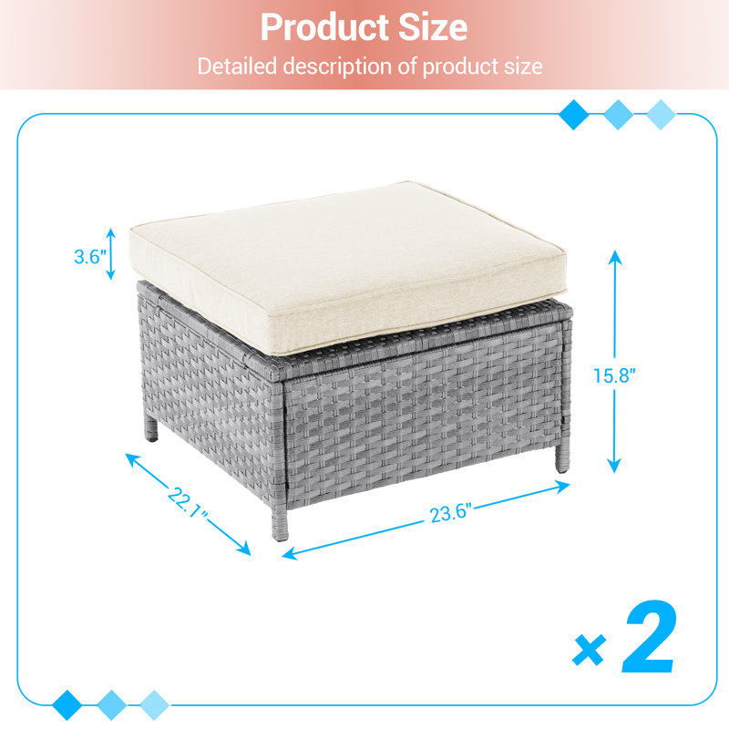 2 repose-pieds en rotin de patio 2 pièces, repose-pieds en osier d'extérieur avec coussin amovible et structure en acier