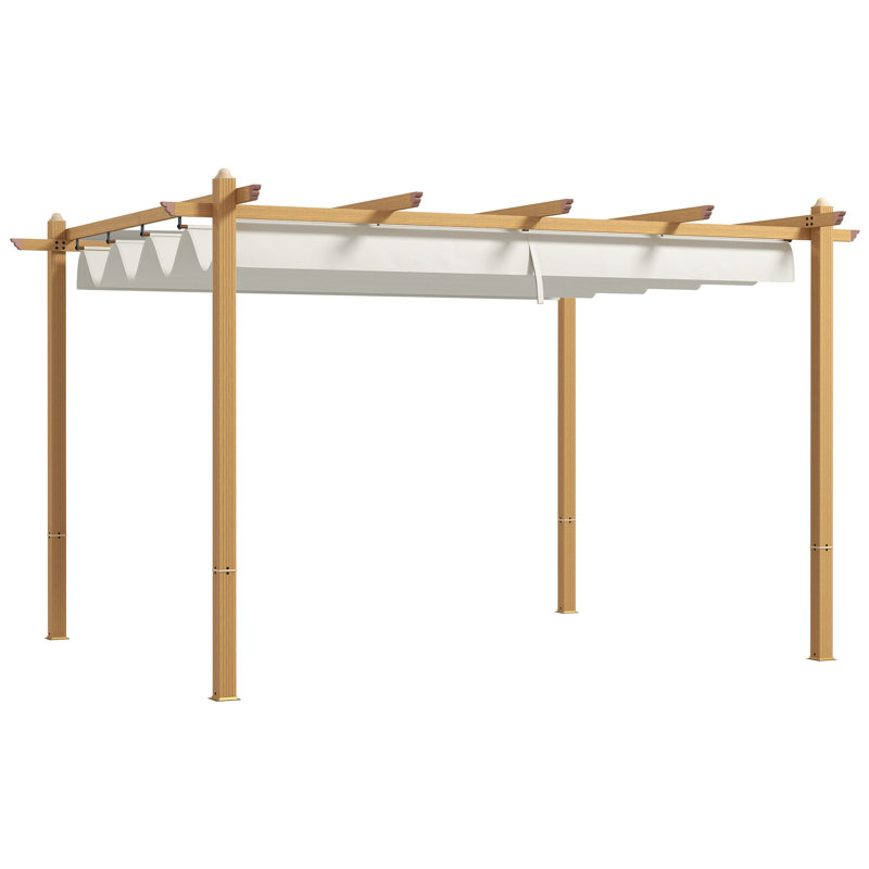 10' x 12' Retractable Pergola Canopy, Wood Grain Aluminum Pergola, White