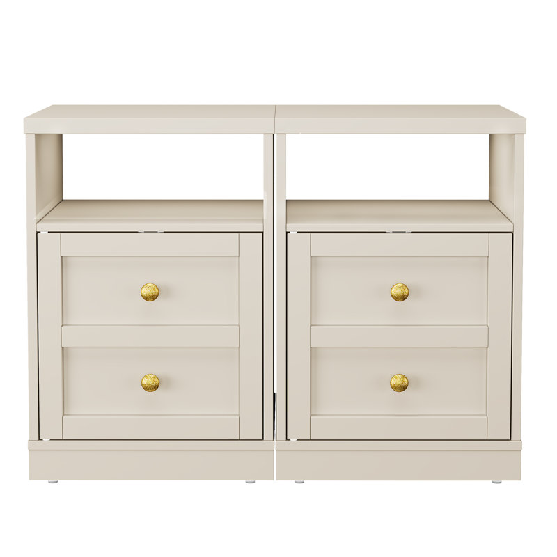 Modern Nightstand With Door & Open Shelf，Set of 2, Beige