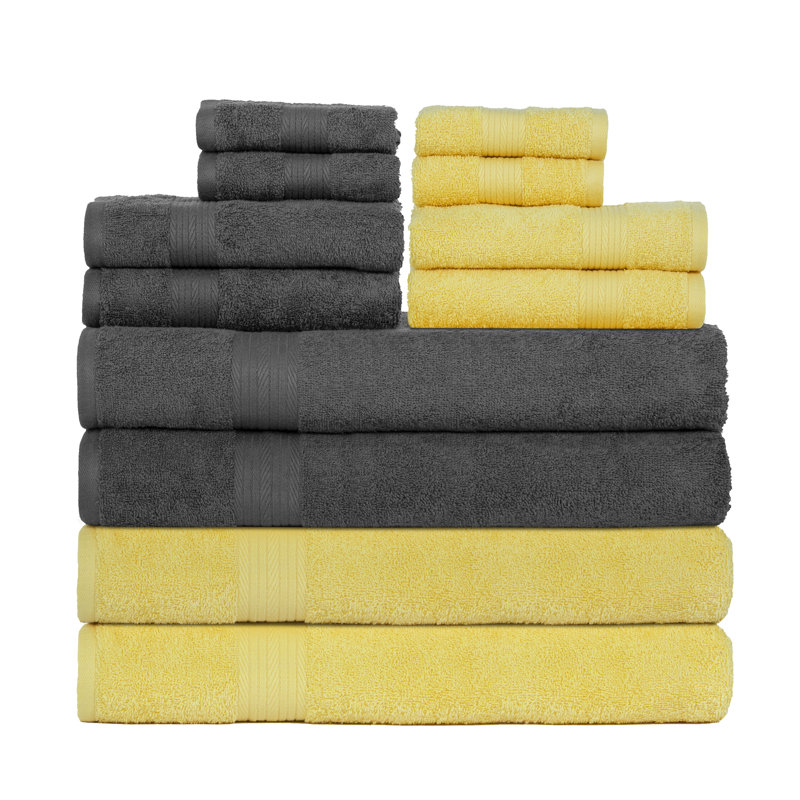 100% Cotton Bathroom Towel Set of 12 Absorbent Soft Plush Fast Drying, Gray/Yellow