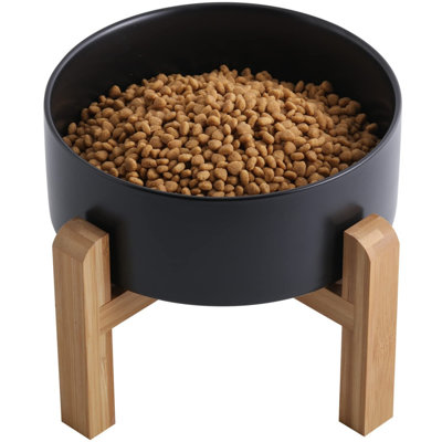 Bol pour chien surélevé noir en céramique avec support en bois pour race moyenne, plat pour nourriture pour chien lourd, bol en porcelaine pour animaux 8 po