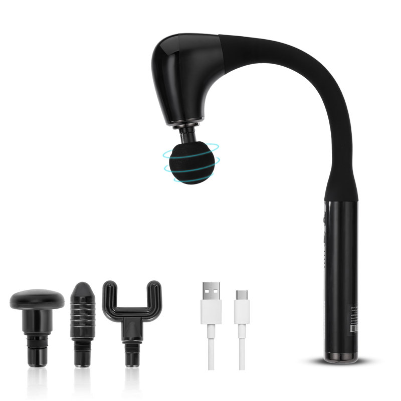 GEEPAS Curved Portable Massage Gun Deep Tissue | Extended Handle 4 Heads 5 Speed LED Indicator | Muscle Massager for Pain Relief USB-C Charging 15 Min Timer | 2-Year Warranty Black