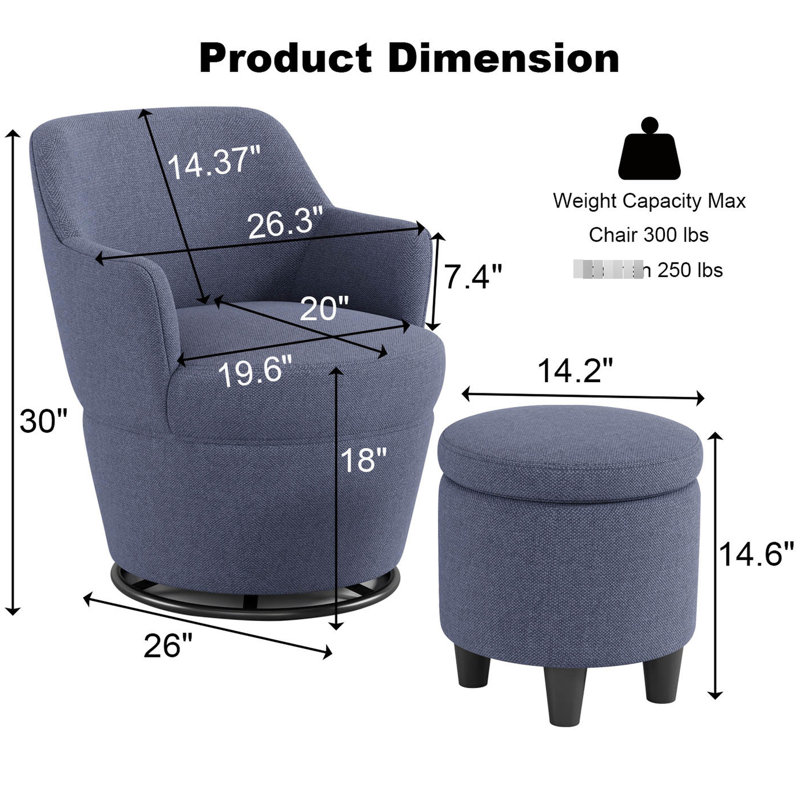 Chaise pivotante bleue à 360 ° avec siège ergonomique, confortable pour diverses activités, mousse haute résilience et détente