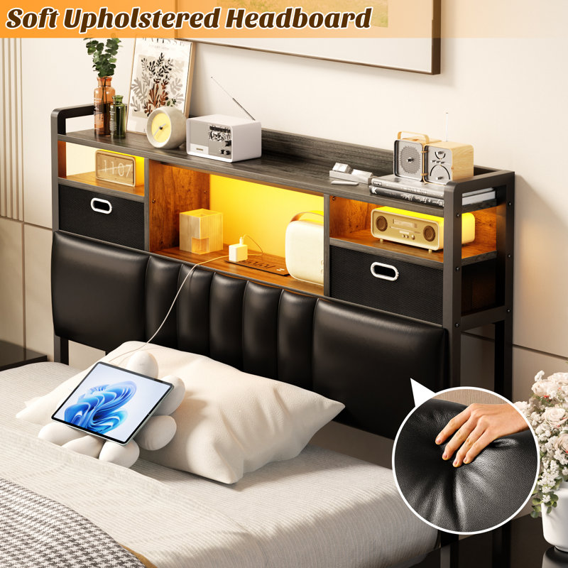 45.3'' H Storage Headboards With  Darwers,Outlets,USB Ports And LED Lights, Gray, Twin