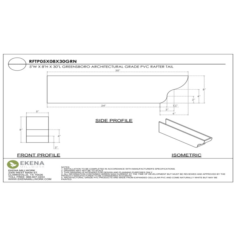 5"W x 8"H x 30"L Standard Greensboro Architectural Grade PVC Rafter Tail, 8"H x 5"W x 30"D