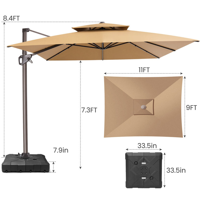 Parasol en porte-à-faux à dessus double 106,52 "x 129,88", contrepoids inclus, Tanné