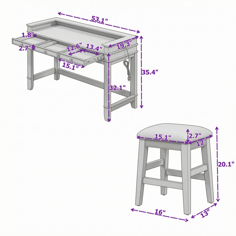 Ensemble de salle à manger 4 pièces avec trois tabourets rembourrés et tiroirs de rangement, Naturel