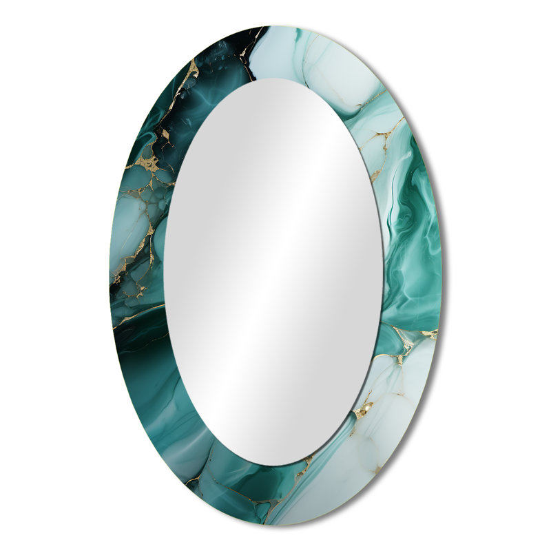 Encre dorée et émeraude en marbre - grand miroir mural ovale sur métal, H 36 po x l 24 po