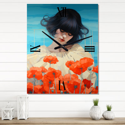 Jeune femme dans un champ de coquelicots rouges I - Horloge murale femme