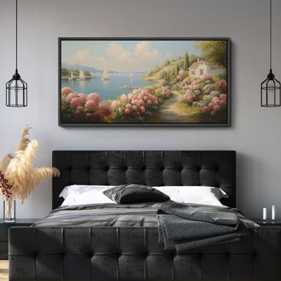 Romantic Coastal Cottage with Pink Hydrangeas and Sailboats - Large Framed Canvas Master Bedroom Wall Art Print