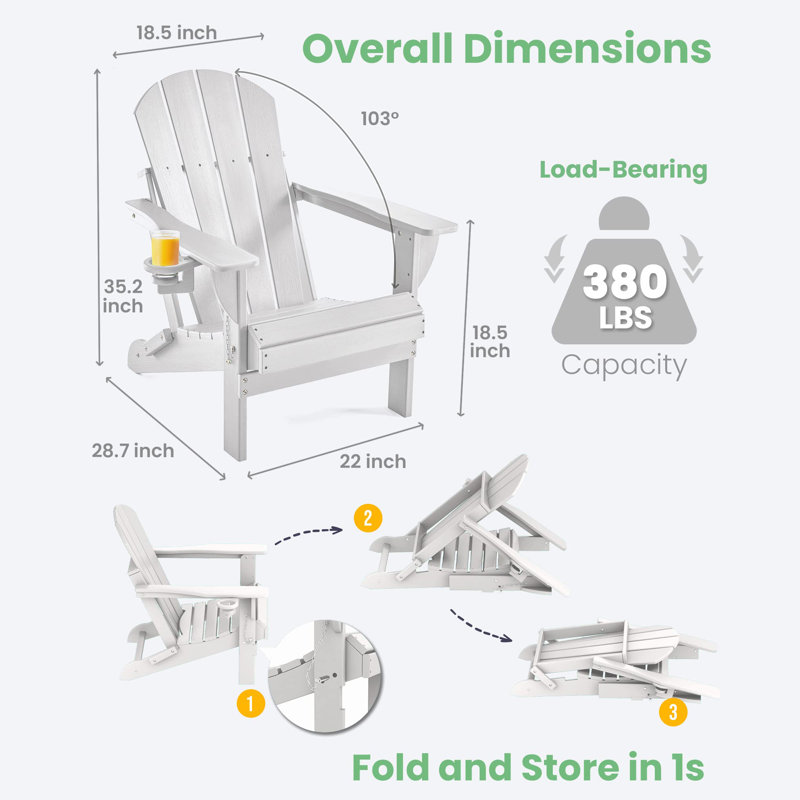 Chaise Adirondack pliante en PEHD pour patio, Blanc