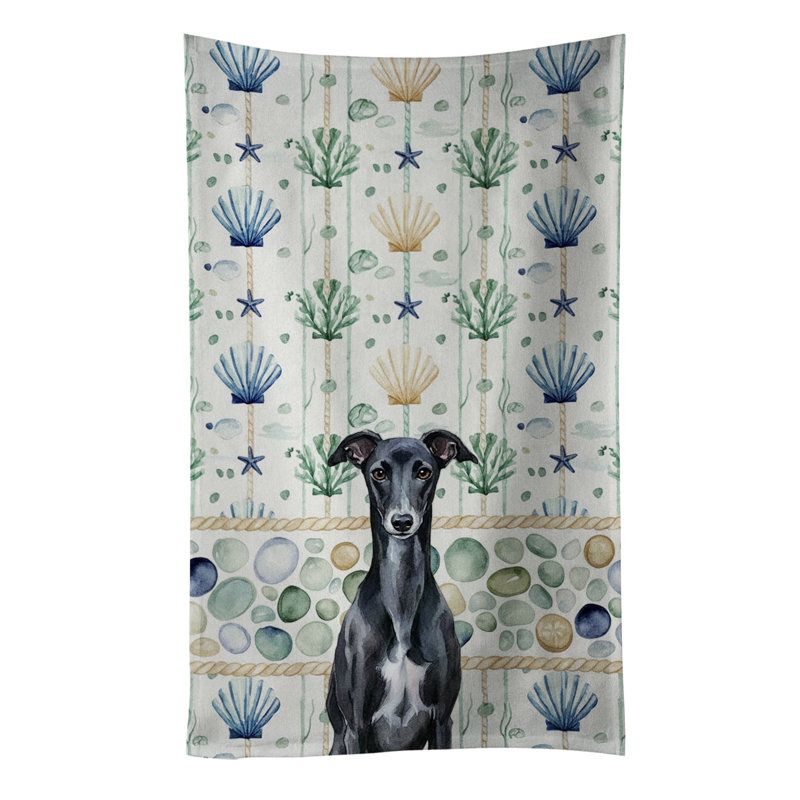 Black Whippet Coastal Sea Glass Kitchen Towel, Black Whippet