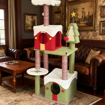 Tour de Noël pour chat de 54 pouces de hauteur avec deux condos et un arbre spacieux de 54 pouces de haut avec dispositif de basculement