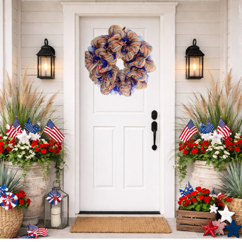 Couronne de toile de jute patriotique rayée rouge et bleue