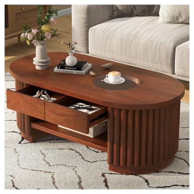 Table basse ovale cannelée VIBE HAUS de style moderne du milieu du siècle, avec tiroirs et dessus en verre trempé, table basse en bois brun clair pour salon
