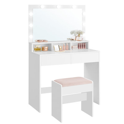 Makeup Vanity With Mirror And Lights,upholstered Vanity Stool, 9 Dimmable Led Lights
