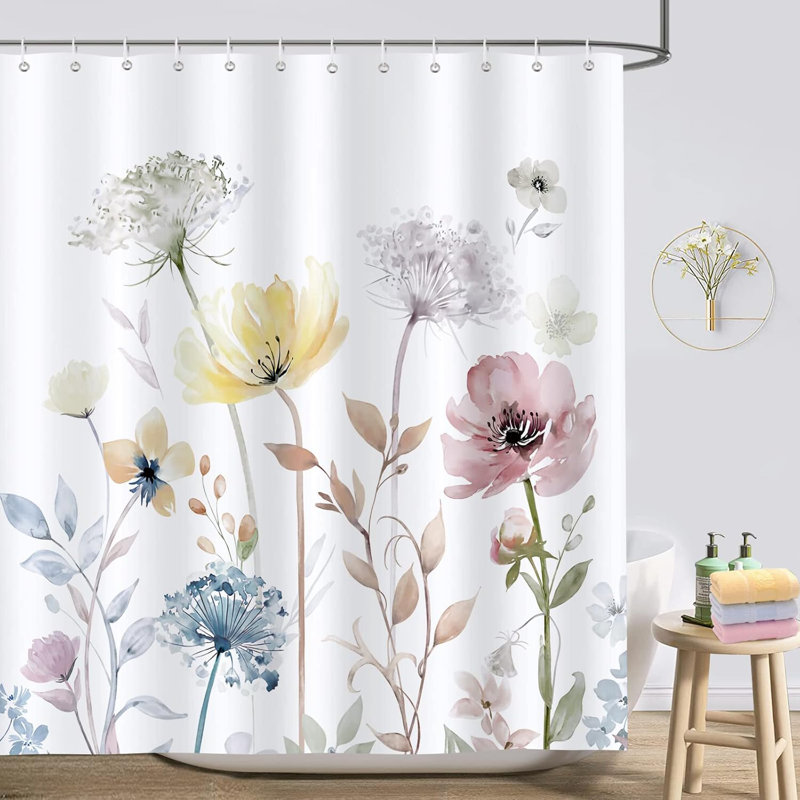 Watercolour Floral Shower Curtain with 12 Hooks