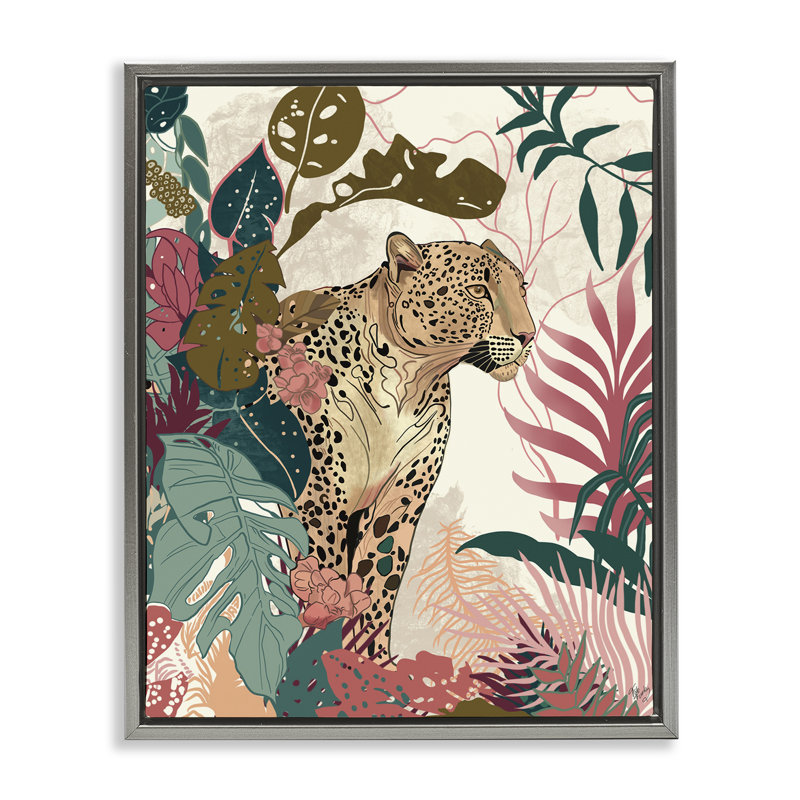«Cheetah Tropical Leaf», art mural sur toile par Fab Funky, H 31 po x l 25 po, Cadre flottant noir de jais