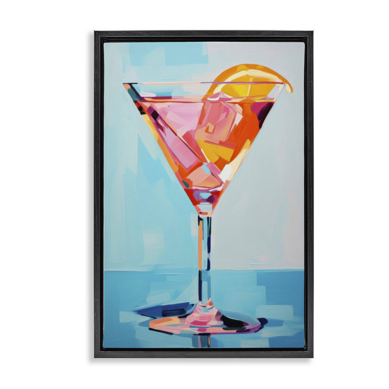  Toile Martini bleue et rose par LSR Design Studio, Cadre flottant noir de jais, H 25 po x l 17 po