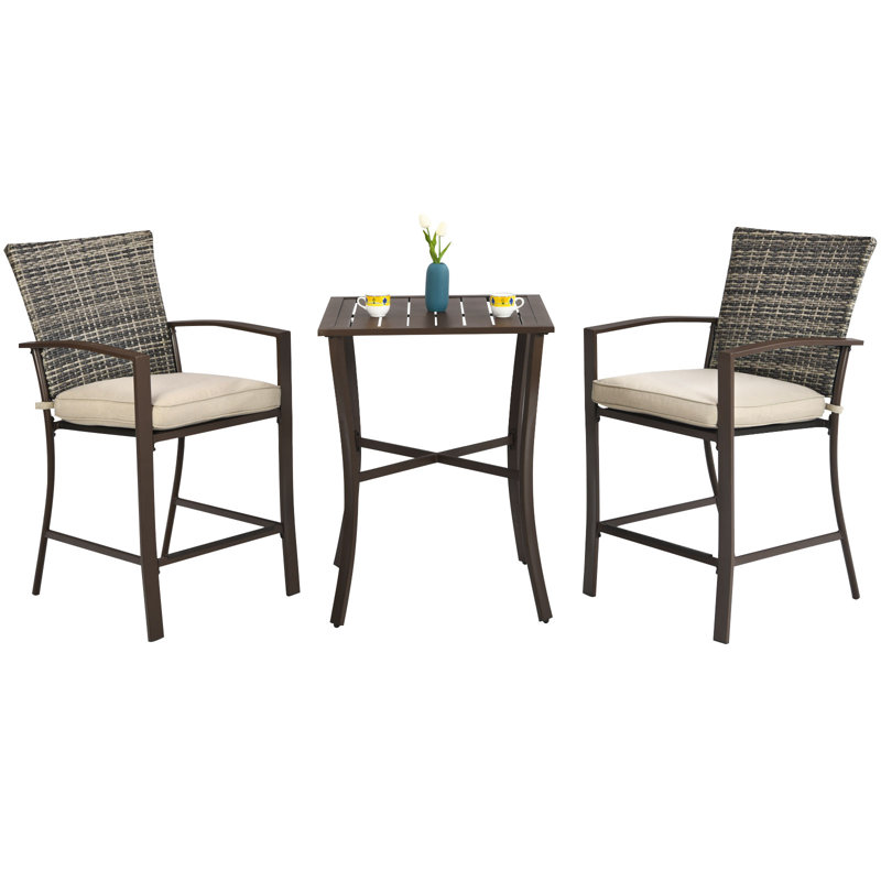 2 - Person Wicker Patio Dining Set with Square Table , Cushions Included, Brown