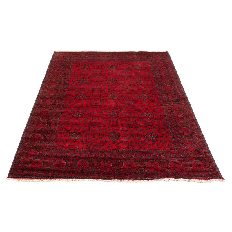 Tapis rouge en laine noué à la main de conception unique 6 pi 8 po x 9 pi 7 po New Age