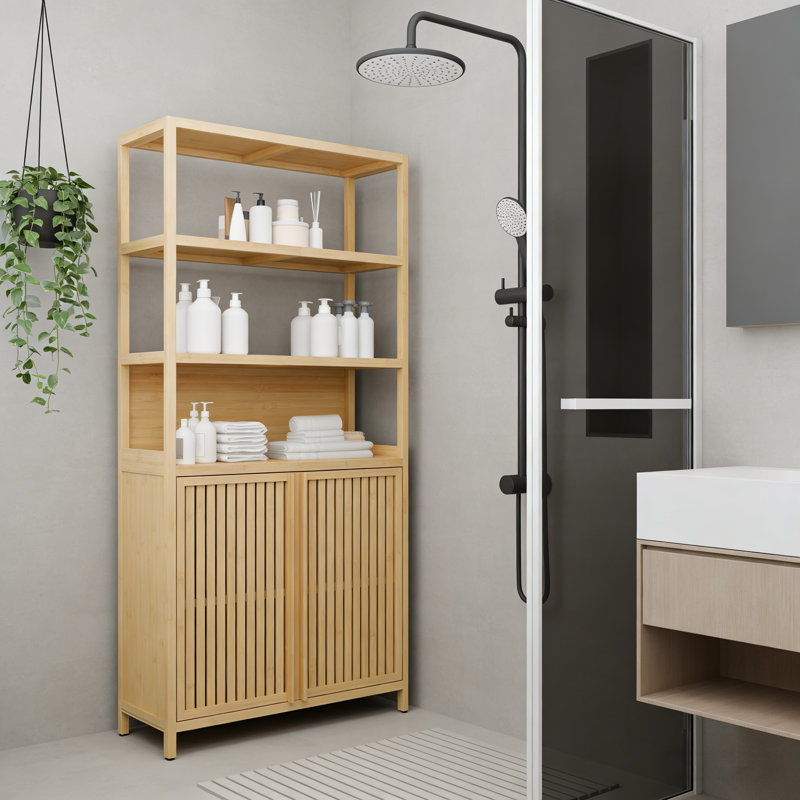 Bathroom Storage Bamboo Cabinet, 64.77 Inch Modern Rustic Home Organizer
