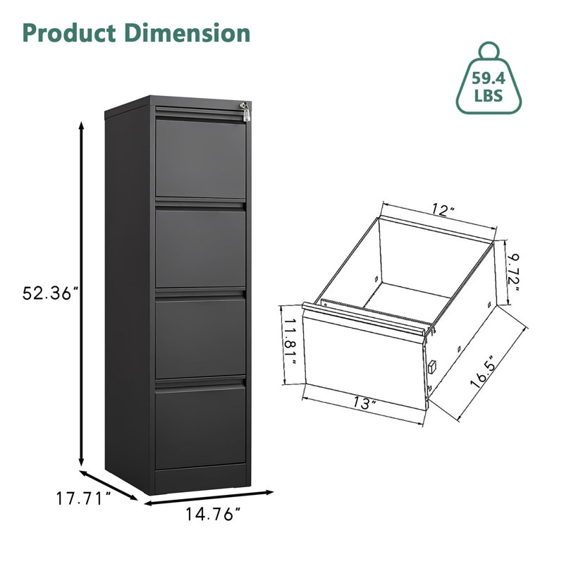 4 Drawer File Cabinet, Black