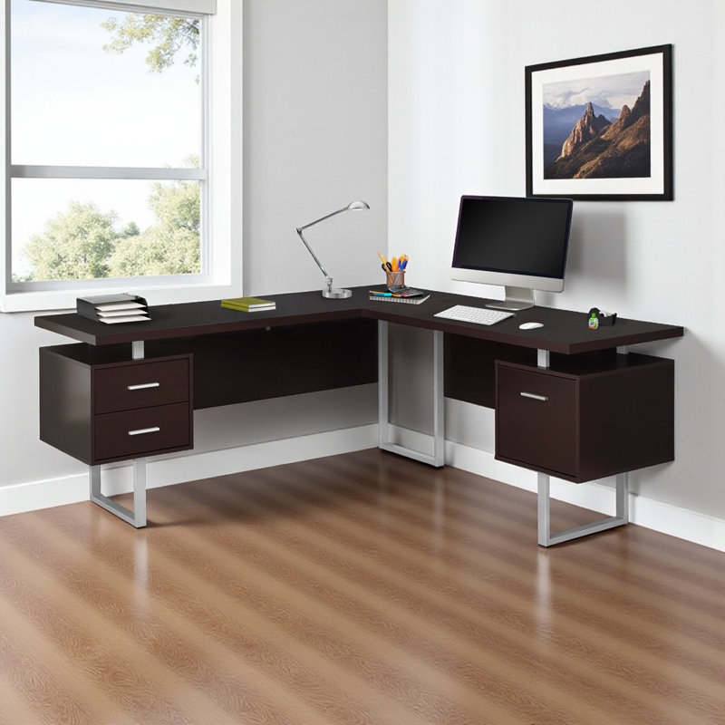 Bureau d'ordinateur de coin brun foncé à 2 tiroirs avec pieds en métal Katiely H 29,74 po x l 70,81 po