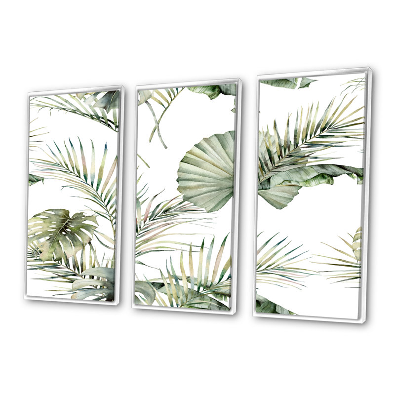 Motif tropical de S avec feuilles de noix de coco et Monstera - 3 pièces, impression sur toile, H 32 po x l 48 po, Blanc