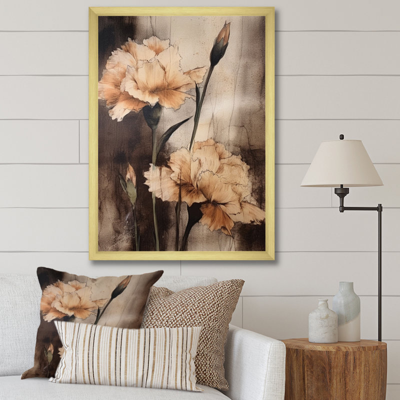 Œillets bruns rétro I sur toile, H 44 po x l 34 po x P 1,5 po, Encadrement doré