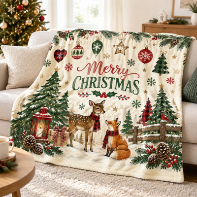 Joli doudou cerf de Noël, couverture de lit moelleux de scène d'hiver festive pour canapé, canapé, chambre à coucher, salon, décoration de maison de vacances