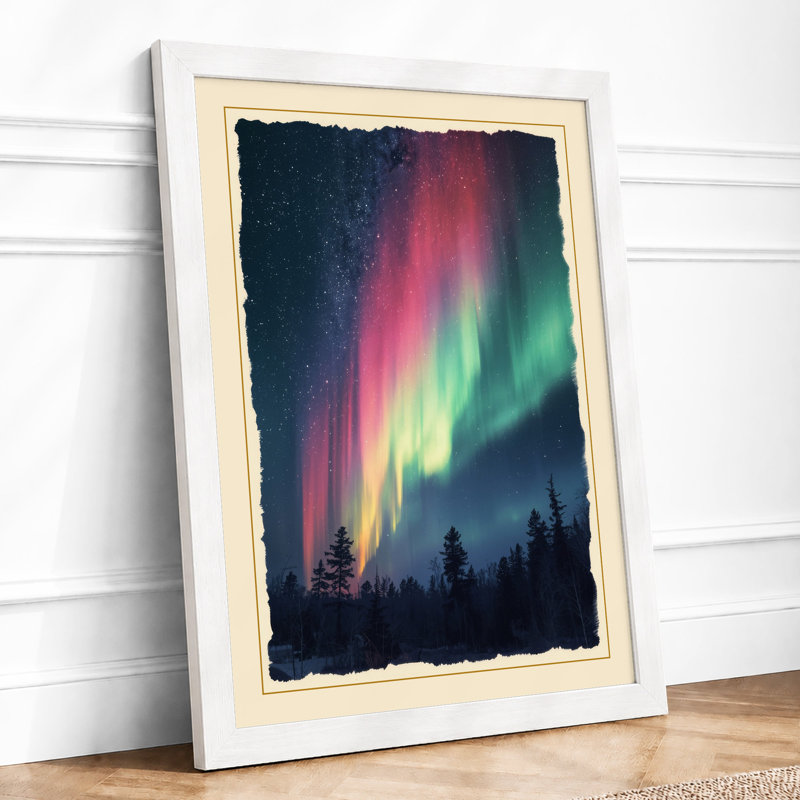Aurora Borealis Forest Scandinavian - Framed Print, A3 - 42.0 x 29.7 cm, White