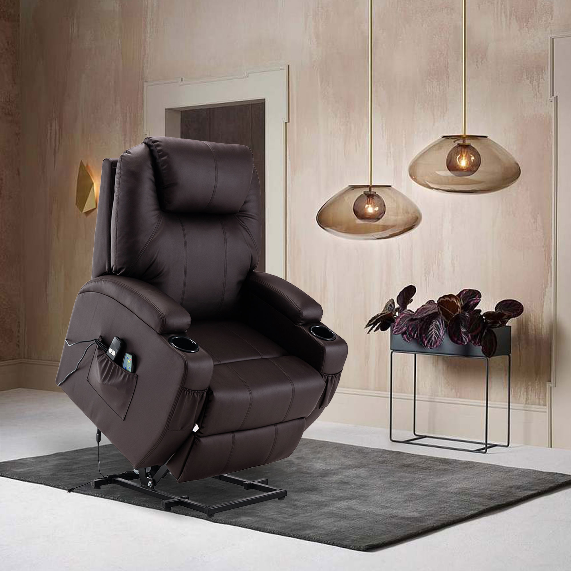 Power Lift Chair Recliner, Electric for Elderly, with Heating Vibration Massage, Remote Control Latitude Run Body Fabric: Black Faux Leather