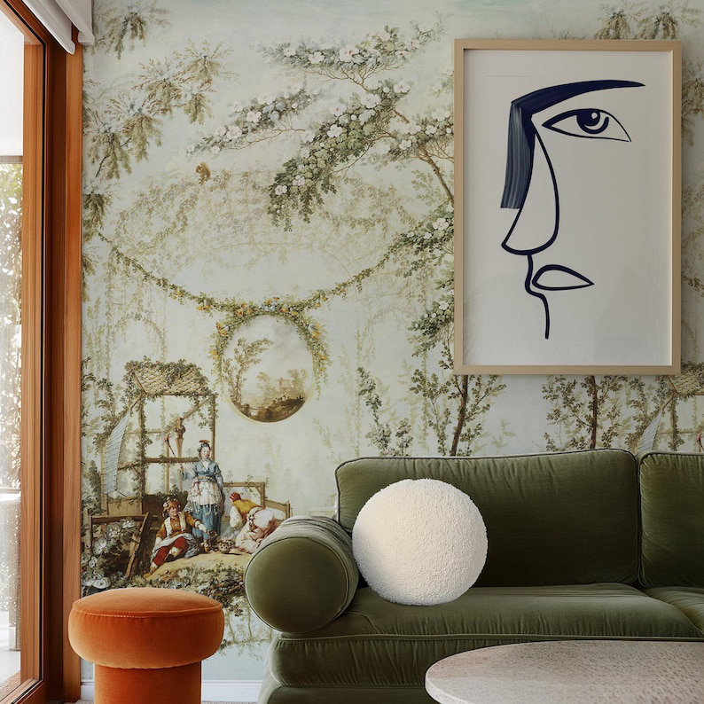Blue French Rococo Chinoiserie Panel Wallpaper