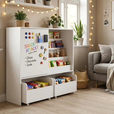 Armoire de rangement à tableau blanc magnétique l 31,5 po x P 11,8 po x H 35,4 po avec bibliothèque à 4 niveaux et plateau coulissant