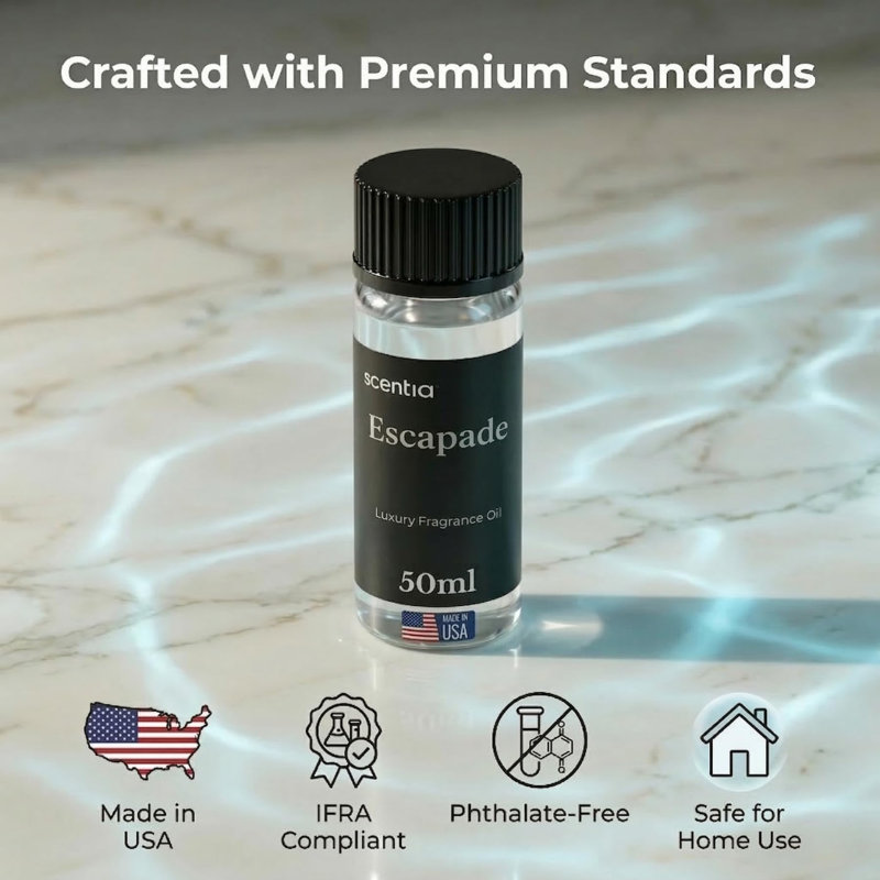 Huile pour diffuseur de parfum Scentia Escapade Hotel - Parfum de luxe inspiré par un complexe 5 étoiles - 50 ml - Mélange d'huiles essentielles de jasmin, bergamote et marine pour la maison, le bureau et les diffuseurs d'aromathérapie, fabriqué aux États-Unis