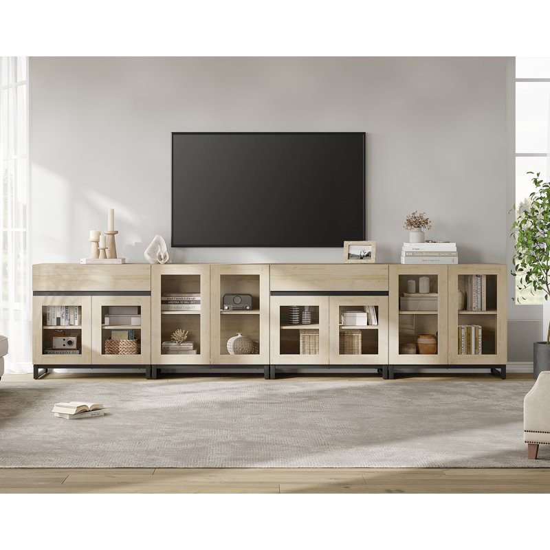 4 In 1 TV Stand For Tvs, Modern TV Console With Glass Doors And 2 Drawers, Media Console With Adjustable Shelf For Living Room