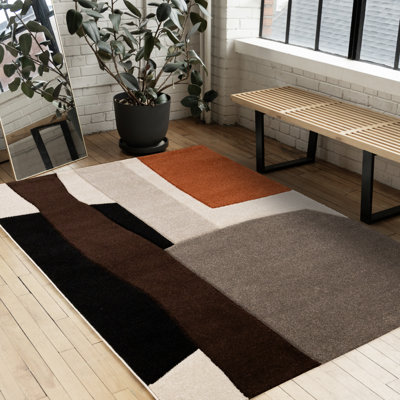 Geometric Black Orange Cream High-Traffic Indoor Area Rug for Living Room