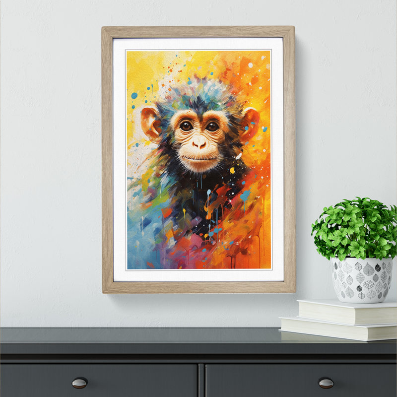 XYZ-FRM-V1223-4538 Monkey Impressionism - Single Picture Frame Print on Wood, Oak , 34cm H x 25cm W x 2cm D