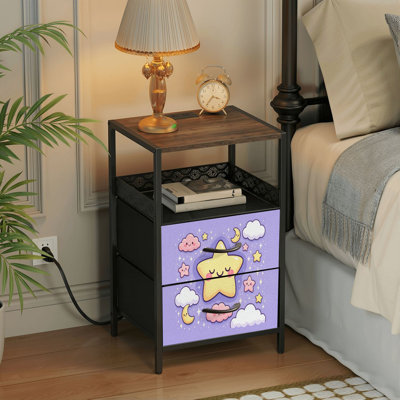 2 Drawers Nightstand with Charging Station, Bedroom Nightstand with USB Ports &amp; Outlets Open Shelf Black, night stand with Cute Star Cloud Moon Stars Purple Print