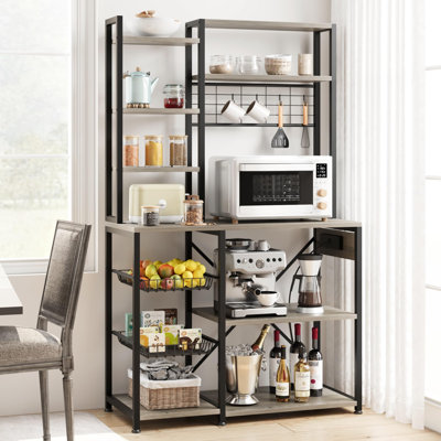 Bakers Rack with Power Outlets, 7-Tier Industrial Microwave Stand with Wire Basket & Hanging Rack, Large Metal Coffee Bar Station, Bakers Rack with Storage Self for Spices, Kitchen