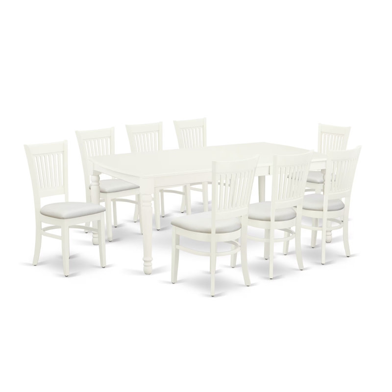 L'ensemble de table et chaises de cuisine 9 pièces comprend une table de salle à manger rectangulaire avec rallonge papillon et 8 chaises rembourrées en tissu de lin, 42 x 78 pouces, blanc lin