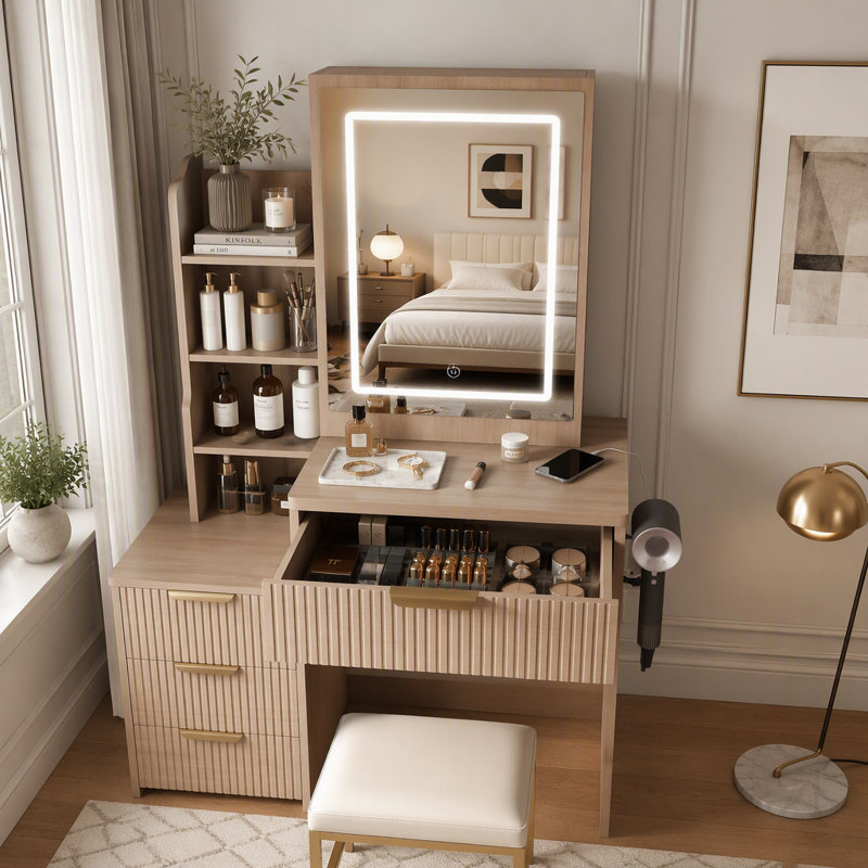 Ce meuble-lavabo moderne comprend 3 modes d'éclairage DEL à luminosité réglable, 4 tiroirs et plusieurs tablettes de rangement ouvertes, un porte-sèche-cheveux et une prise de courant, une coiffeuse