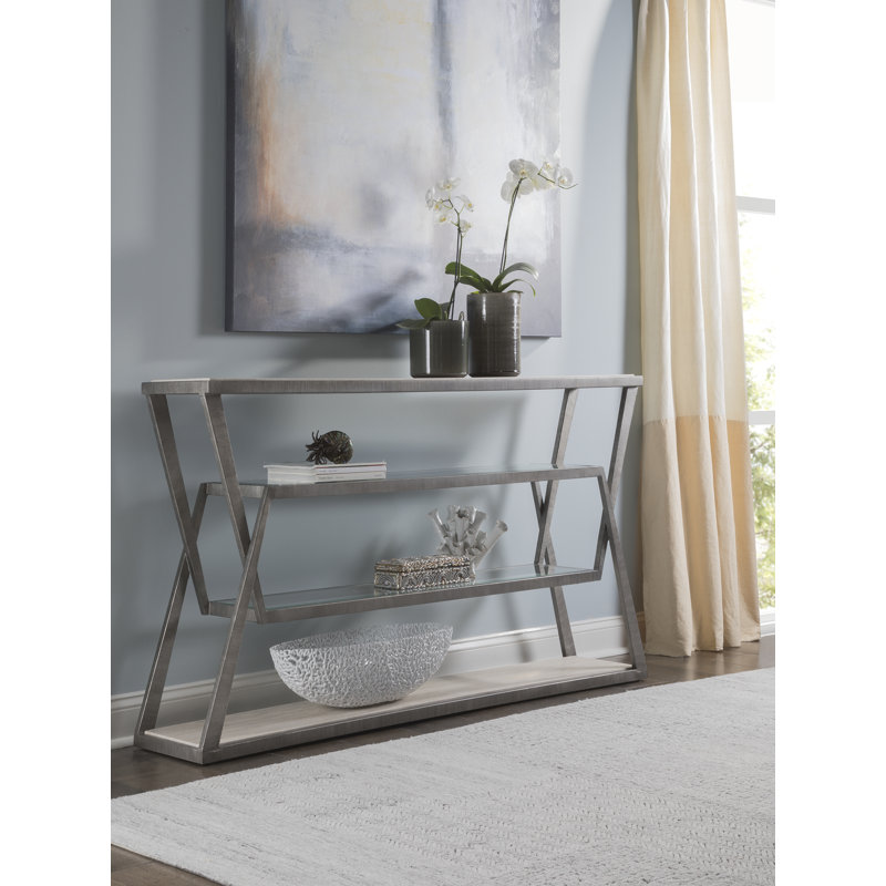 Adamo Silver and Beige Metal Glass Console Table with Storage