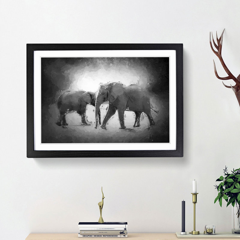 Elephants Crossing Paths in Abstract - Picture Frame Painting Print, Black Framed, 36cm H x 48cm W 