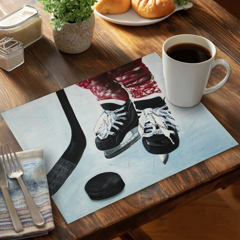 Hyperrealist Blue Polyester Placemat - Young Hockey Player Decor