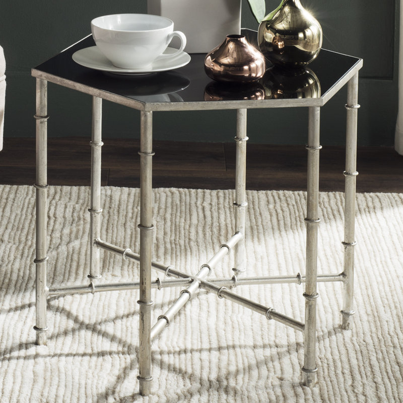 Coquina Glass Top Abstract End Table, Silver/Black, Silver