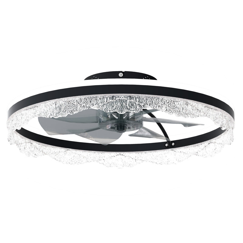  Modern Flush Mount Ceiling Fan With LED Light & Remote, Crystal, Black, White Ceiling Fan, 23.6" Wide