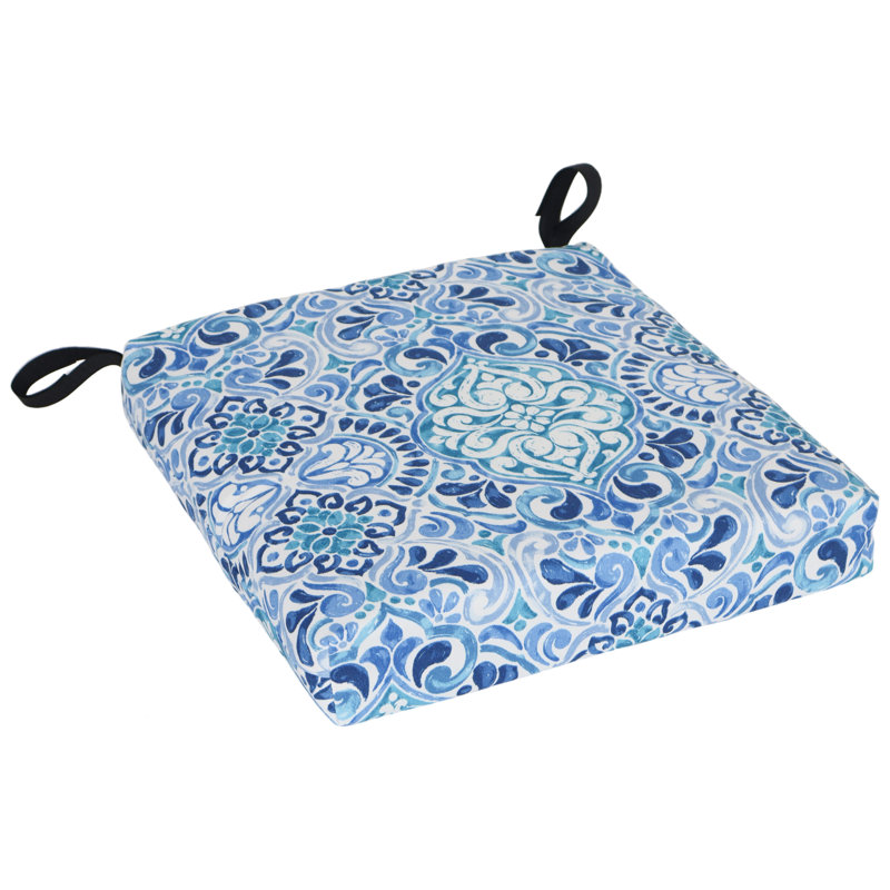 Coussins de chaise carrés d'extérieur (ensemble de 4), Blanc / bleu / Fiorella baltique marocaine, L 16 po x P 16 po