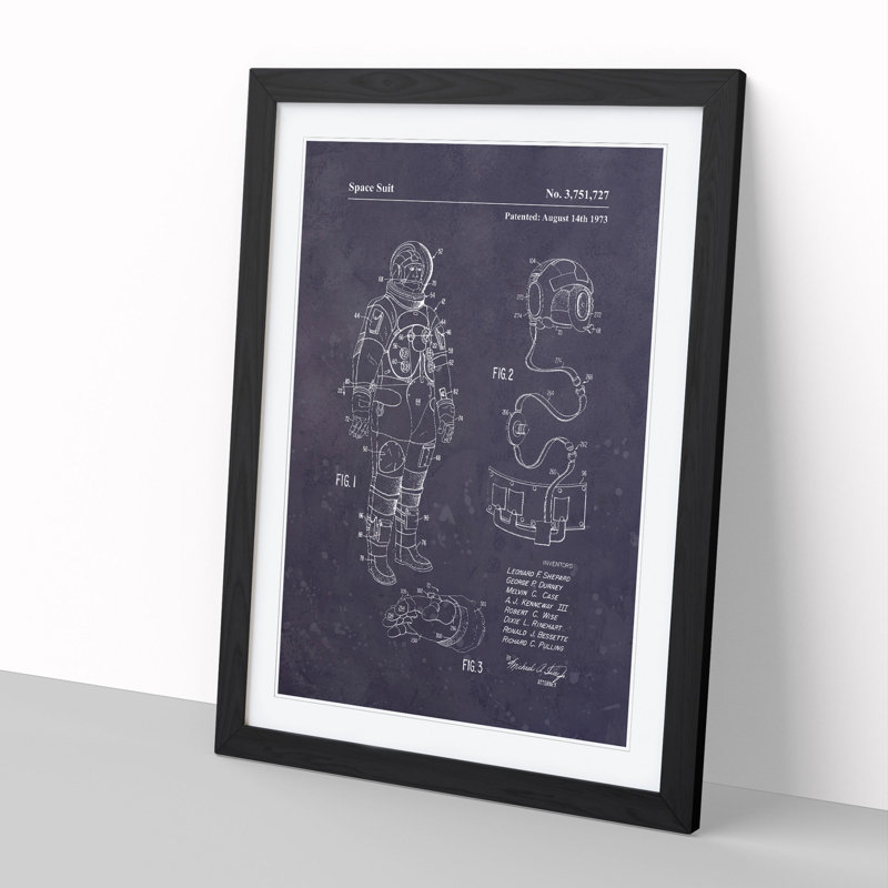 Space Suit Patent Dark 1 Piece Single Picture Frame Wall Art, 65cm H x 48cm W x 2cm D, Black Framed